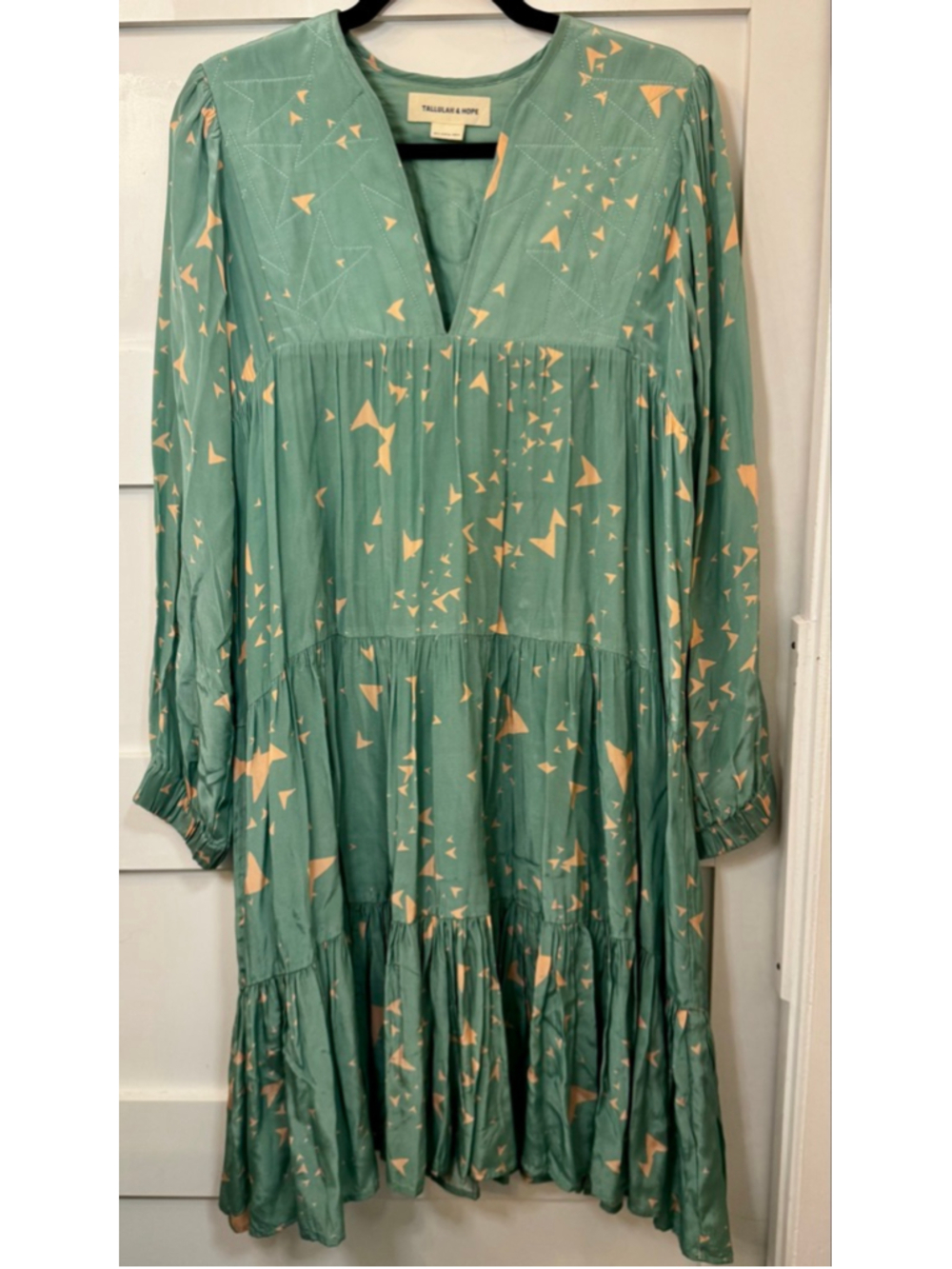 Tallulah & Hope Tiered Midi Dress Green Pink Geometric Print Long Sleeve UK 8 US